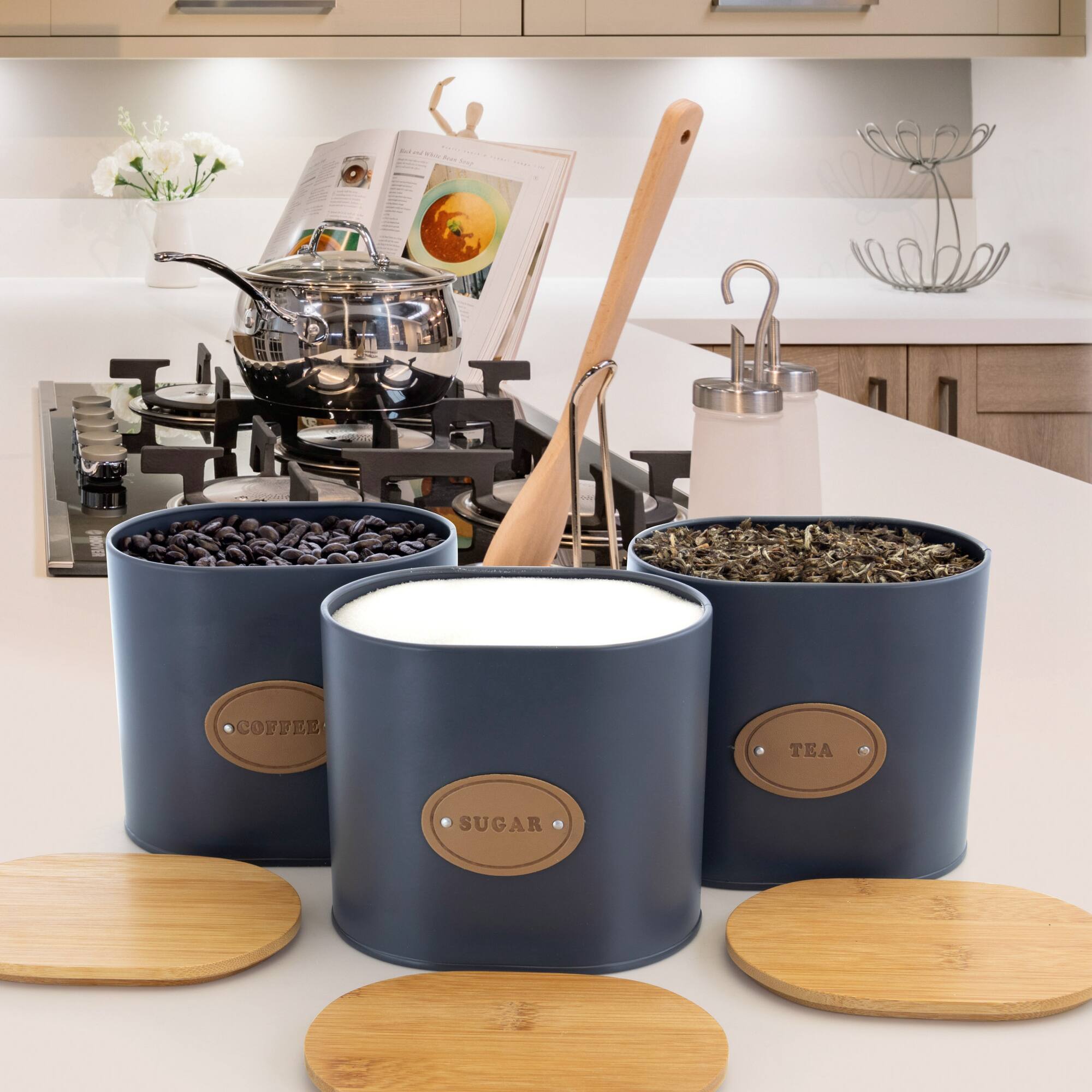 MegaChef 5-Piece Canister Set in Gray with Bamboo Lids